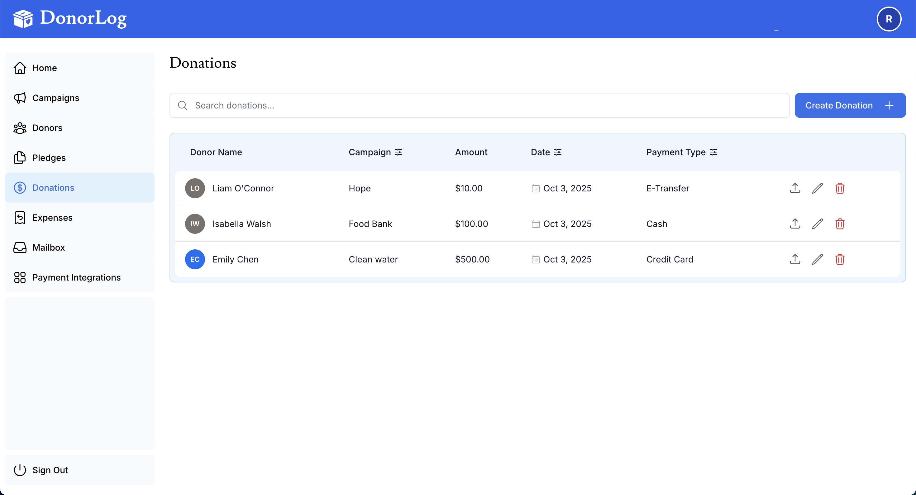 Donation tracking in DonorLog