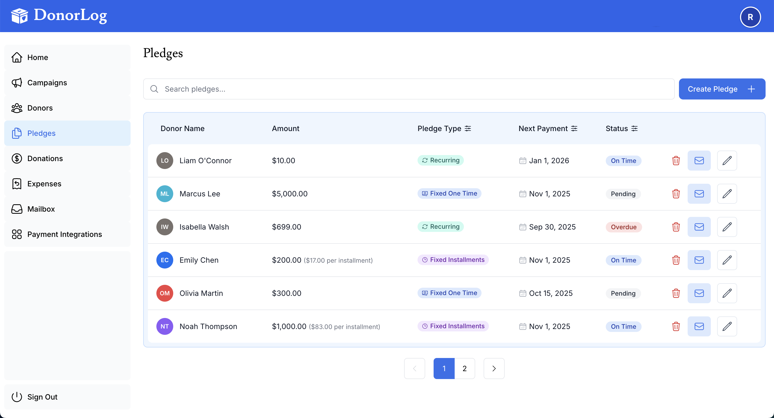 Church pledge tracking in DonorLog