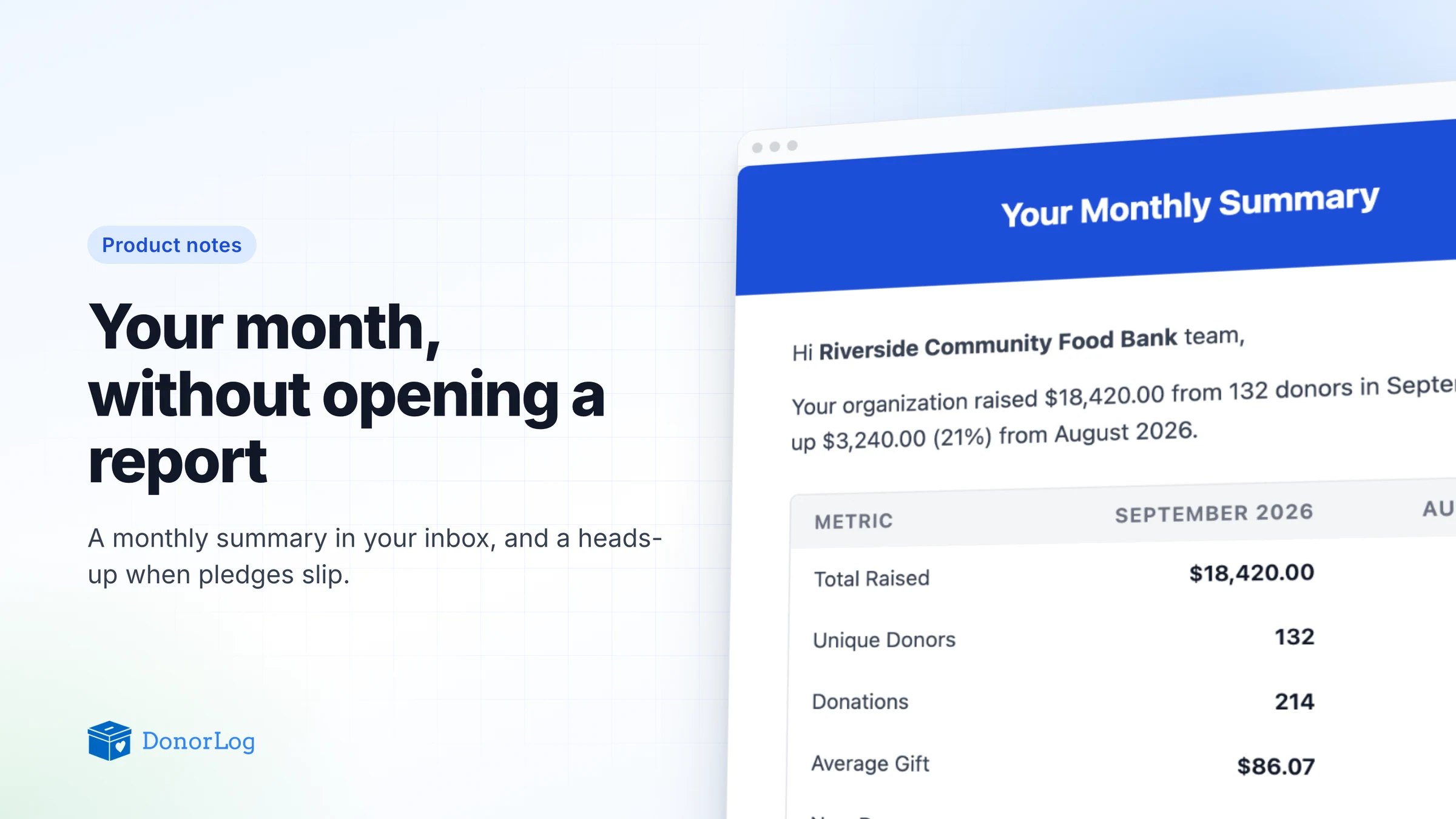 Your Month at a Glance: Monthly Summaries and Missed-Pledge Alerts in DonorLog