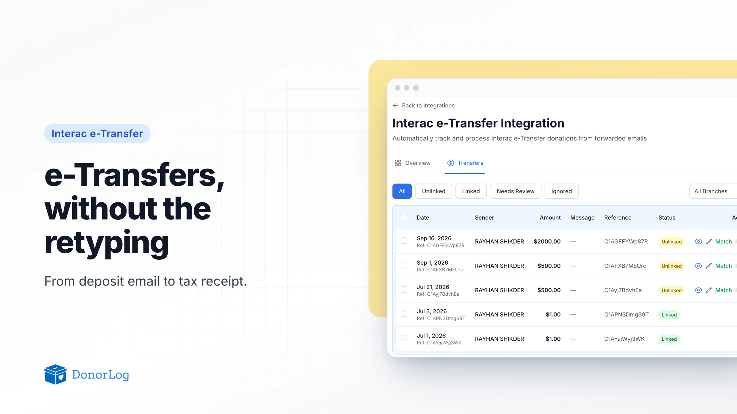 Every e-Transfer your charity receives, recorded without retyping a thing